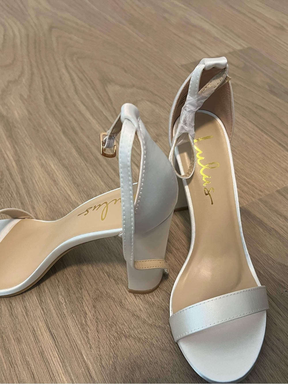 Lulu's Taylor Satin White Block Heel Ankle Strap Sandals